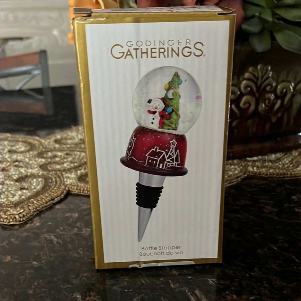 Godinger Red and White Snowman & Xmas Tree Holiday Decor Snow Globe Wine Stopper